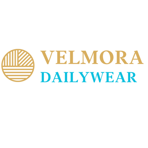 Logo of Velmora Dailywear with a gold circular design on a white background